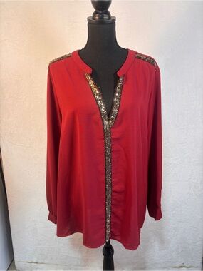 SHEIN Red Sequin Trim V-Neck Blouse Top Plus Size 4XL Long Sleeve Chiffon EUC
